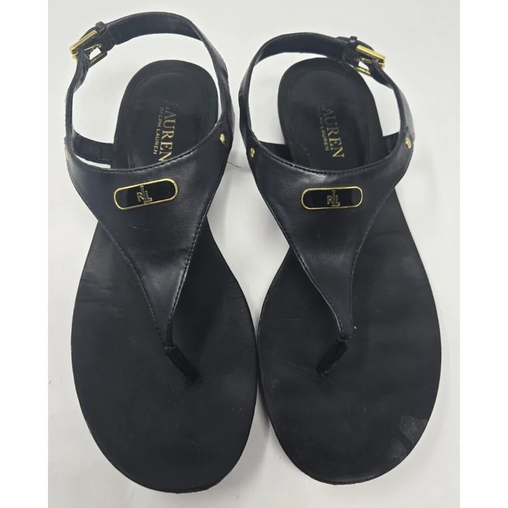 Lauren Ralph Lauren Thong Sandals Women's Size 9 Kacy Black Gold T-Strap - Picture 1 of 7